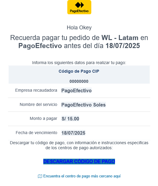 PagoEfectivo payment instruction interface showing transaction details, payment code, expiration date, and a download link for payment instructions
